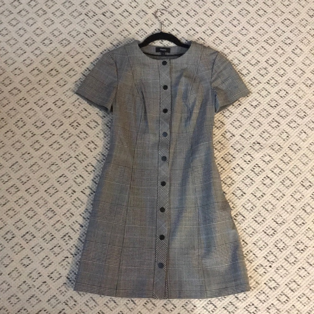 Plaid Wool Theory Mini Dress with Front Buttons